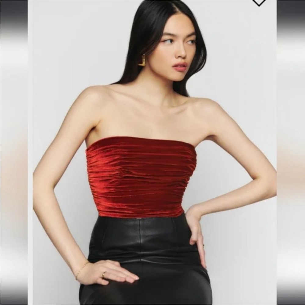 Reformation Red Velvet Ruched Strapless Tank size 4